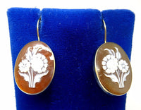 14k Gold Oval Genuine Natural Cameo Wire Hook Earrings Floral Bouquet (#J3636)