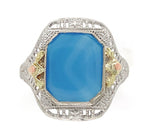 10k White Gold Filigree Genuine Natural Blue Onyx Ring w/ Gold Accents (#J6601)
