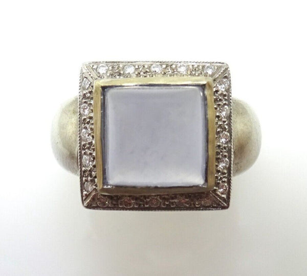 14k White Gold Blue Grey Genuine Natural Chalcedony and Diamond Ring (#J3603)