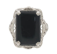 10k White Gold Filigree Genuine Natural Black Onyx Ring Size 5.25 (#J7264)