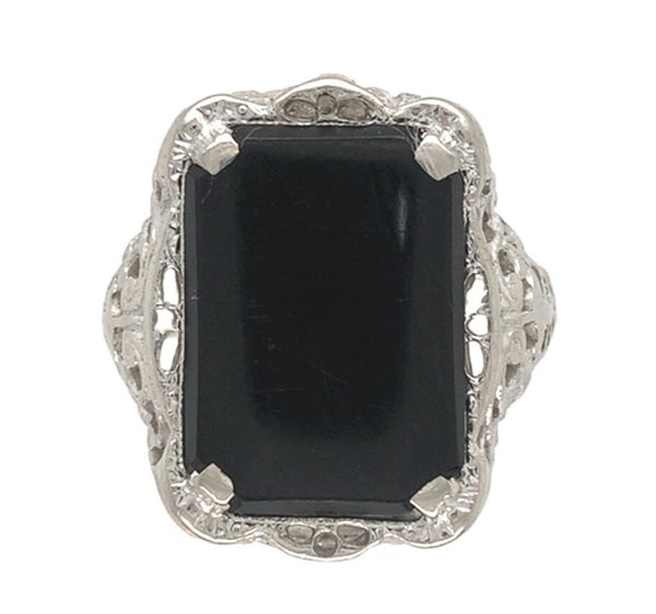 10k White Gold Filigree Genuine Natural Black Onyx Ring Size 5.25 (#J7264)