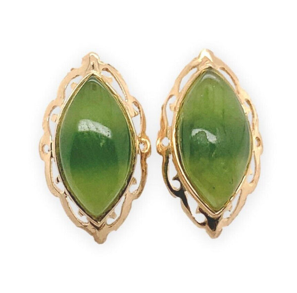 A Pair of 14k Yellow Gold Marquise Jade Stud Earrings Jewelry (#J6964)