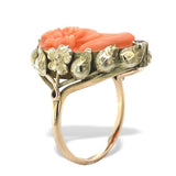 14k Gold Arts and Crafts Handwrought Genuine Natural Coral Cameo Ring  (#J7396)