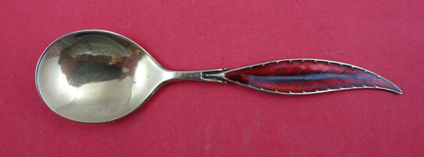 Norwegian Sterling Silver Sugar Spoon vermeil feathered enameled Red 5 1/4"