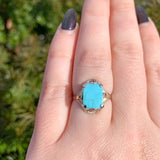 10k Gold Genuine Natural Turquoise Ring w/ Rose and Green Gold Flowers (#J6565)