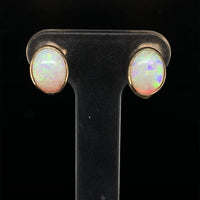 14k Yellow Gold Oval Genuine Natural Opal Bezel Stud Earrings Jewelry (#J6712)