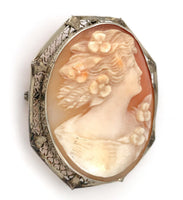 14k Yellow Gold Genuine Natural Shell Cameo Pin Filigree Applied Leaves (#J6244)