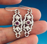 14k White Gold Genuine Natural Ruby Filigree Leaf Dangle Earrings (#J5277)