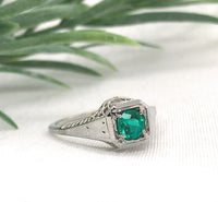 18k White Gold Filigree Art Deco .39ct Genuine Natural Emerald Ring (#J7199)
