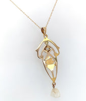 10k Yellow Gold Diamond Lavaliere Pendant w/ Leaf Motif and Pearl Drop (#J6440)