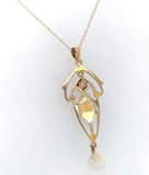 10k Yellow Gold Diamond Lavaliere Pendant w/ Leaf Motif and Pearl Drop (#J6440)