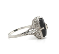 10k White Gold Genuine Natural Black Onyx and Diamond Filigree Ring (#J6212)