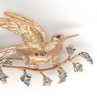 14k Gold and Silver Antique Bird Pin Brooch with Genuine Natural Diamonds #J6368