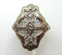 Art Deco 14k White Gold Three Genuine Natural Diamond Filigree Ring (#J3809)