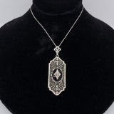 10k White Gold Filigree Genuine Natural Black Onyx Pendant Jewelry (#J5626)