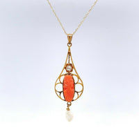 10k Yellow Gold Coral Cameo Lavaliere Pendant (#J5461)