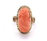 Victorian Genuine Natural Coral Cameo 14K Yellow Gold Ring Size 5.75 (#J5976)