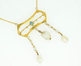 Art Nouveau 10k Yellow Gold Pearl Festoon Necklace w/Lab-Created Sapphire #J4381