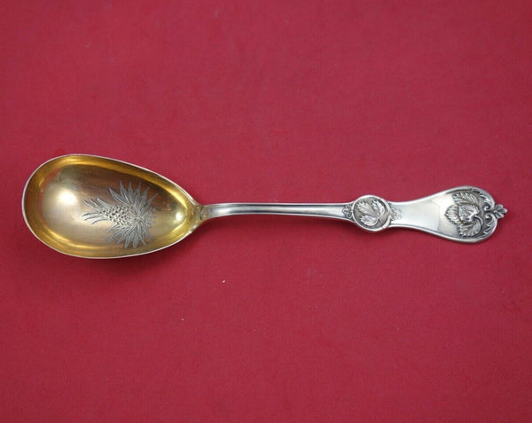 Strawberry by Durgin Coin Silver Preserve Spoon GW brite-cut flowers in bowl 7"