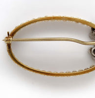 14k Gold Oval Flower Pin with Diamonds and Seed Pearls Applied Leaves (#J6253)
