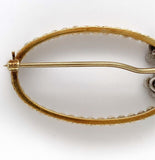 14k Gold Oval Flower Pin with Diamonds and Seed Pearls Applied Leaves (#J6253)