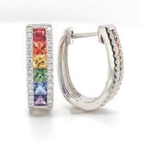 14k Gold Genuine Natural Rainbow Sapphire and Diamond Oval Hoop Earrings #J6681