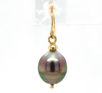 14k Yellow Gold 10mm Tahitian Black Pearl Dangle Earrings Jewelry (#J6119)