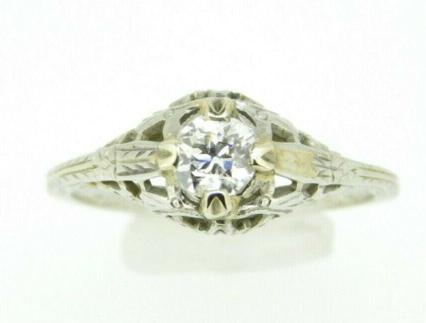 Art Deco 18k White Gold Filigree Genuine Natural Diamond Ring .37ct  (#J741)