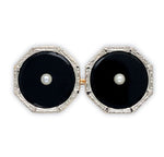 Platinum and 14k Pair of Black Onyx and Pearl Men's Cufflinks w/Engraving #J6873