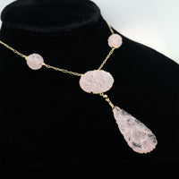 14k Yellow Gold Deco Carved Genuine Natural Rose Quartz Necklace (#J5926)