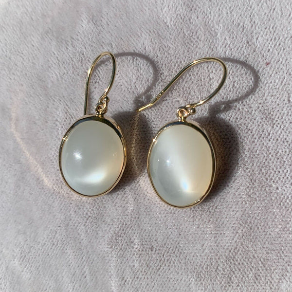 14k Yellow Gold Pair of Large Genuine Natural Moonstone Drop Earrings (#J6993)