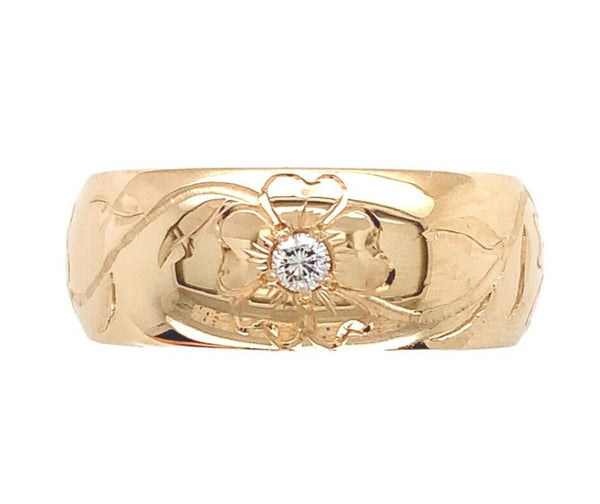 14k Gold Hand Engraved Wide Genuine Natural Diamond Wedding Band Size 5 (#J6915)