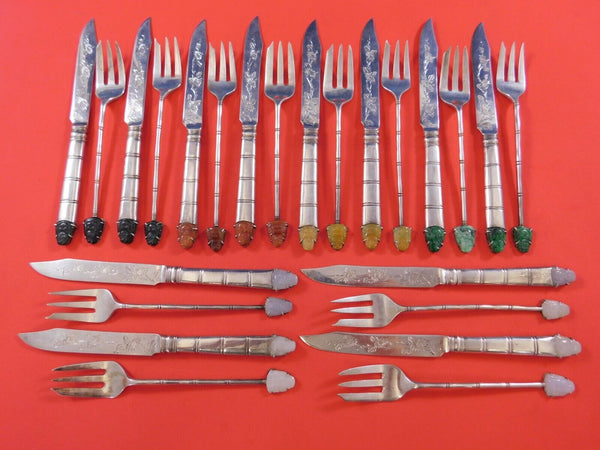 Lee Yee Hing Chinese Export .900 Silver Fruit Set 24pc Hong Kong Carved Buddah