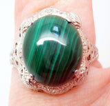 14k White Gold Oval Genuine Natural Malachite Filigree Ring (#J2900)