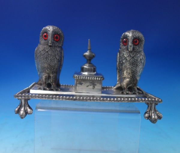 Silverplate Double Inkwell with Owls Glass Eyes 6 1/4" x 4 3/4" c.1910 (#5749)
