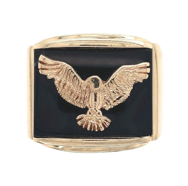 14k Yellow Gold Men's Genuine Natural Black Onyx Ring with Eagle Size 14 #J6533