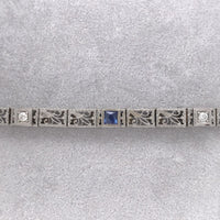14k Gold Filigree Diamond Bracelet Art Deco 6 3/4" w/Lab-Created Sapphire #J6203