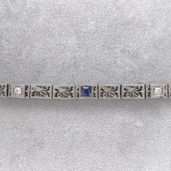14k Gold Filigree Diamond Bracelet Art Deco 6 3/4" w/Lab-Created Sapphire #J6203