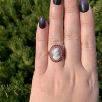10k Yellow Gold Genuine Natural Agate Stone Cameo Ring Fine Carving (#J7058)