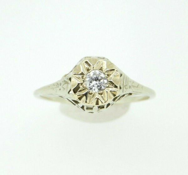 Art Deco 14k White Gold Genuine Natural Diamond Filigree Ring .13ct (#J809)