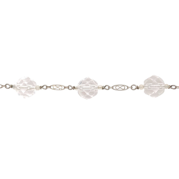 14k White Gold Art Deco Genuine Natural Rock Crystal Bead Bracelet (#J7032)