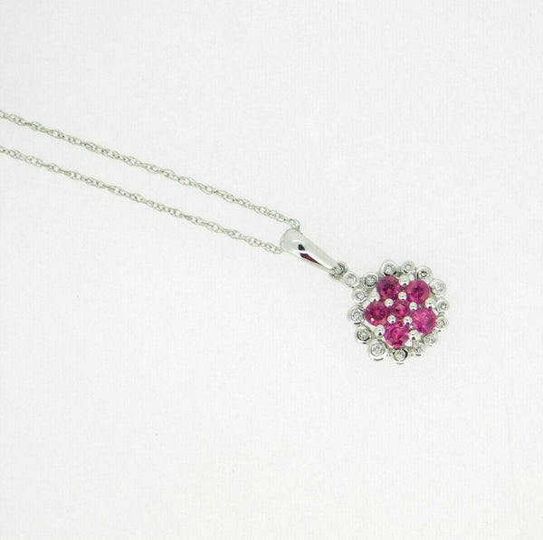 14k White Gold Genuine Natural Ruby and Diamond Round Halo Pendant (#J5088)