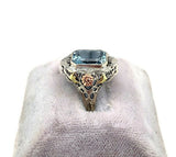 10k Tri-Color Gold 3.28ct Genuine Natural Aquamarine Filigree Ring (#J5336)