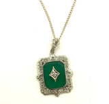 10k Gold Art Deco Genuine Natural Green Onyx Diamond Filigree Pendant (#J5315)