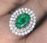 14k White Gold Genuine Natural Emerald Ring with Double Diamond Halo (#J3875)