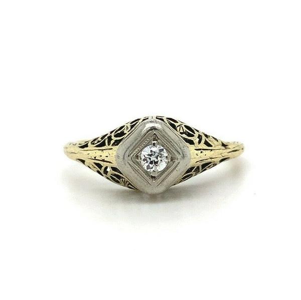 14k Yellow Gold Art Deco Genuine Natural Diamond Filigree Ring (#J5444)