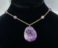14k Yellow Gold Art Deco Chinese Export Carved Natural Amethyst Pendant (#J5373)