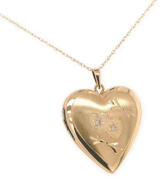 14k Yellow Gold Heart Shaped Locket with Diamond Accents Hand Engraved (#J6969)