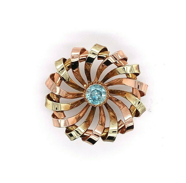 14k Retro Blue Genuine Natural Zircon Pin Rose and Yellow Gold (#J5474)