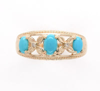 14k Yellow Gold Genuine Natural Turquoise and Diamond Band Ring (#J6396)